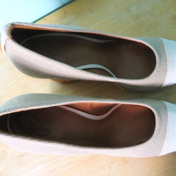 Tory Burch Shoes Wedge Heel Pumps Tan & Beige Leather & Cork Size 7 1/2 M - Picture 6 of 13